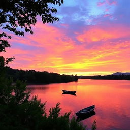 A serene landscape with a beautiful sunset over a calm lake