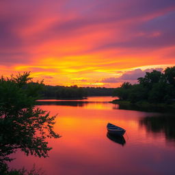 A serene landscape with a beautiful sunset over a calm lake