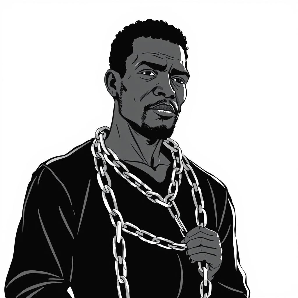 A black and white illustration depicting a black man in chains, reflecting a historical context