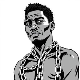 A black and white illustration depicting a black man in chains, reflecting a historical context