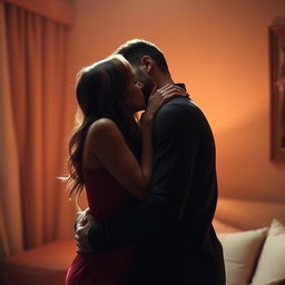 A couple kissing passionately in an intimate setting