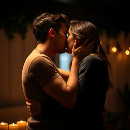 A couple kissing passionately in an intimate setting