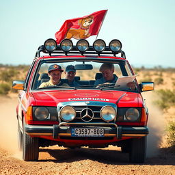 A hyper-realistic scene of a 1980s red Mercedes wagon racing through the wild Australian outback