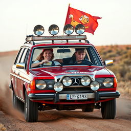 A hyper-realistic scene of a 1980s red Mercedes wagon racing through the wild Australian outback