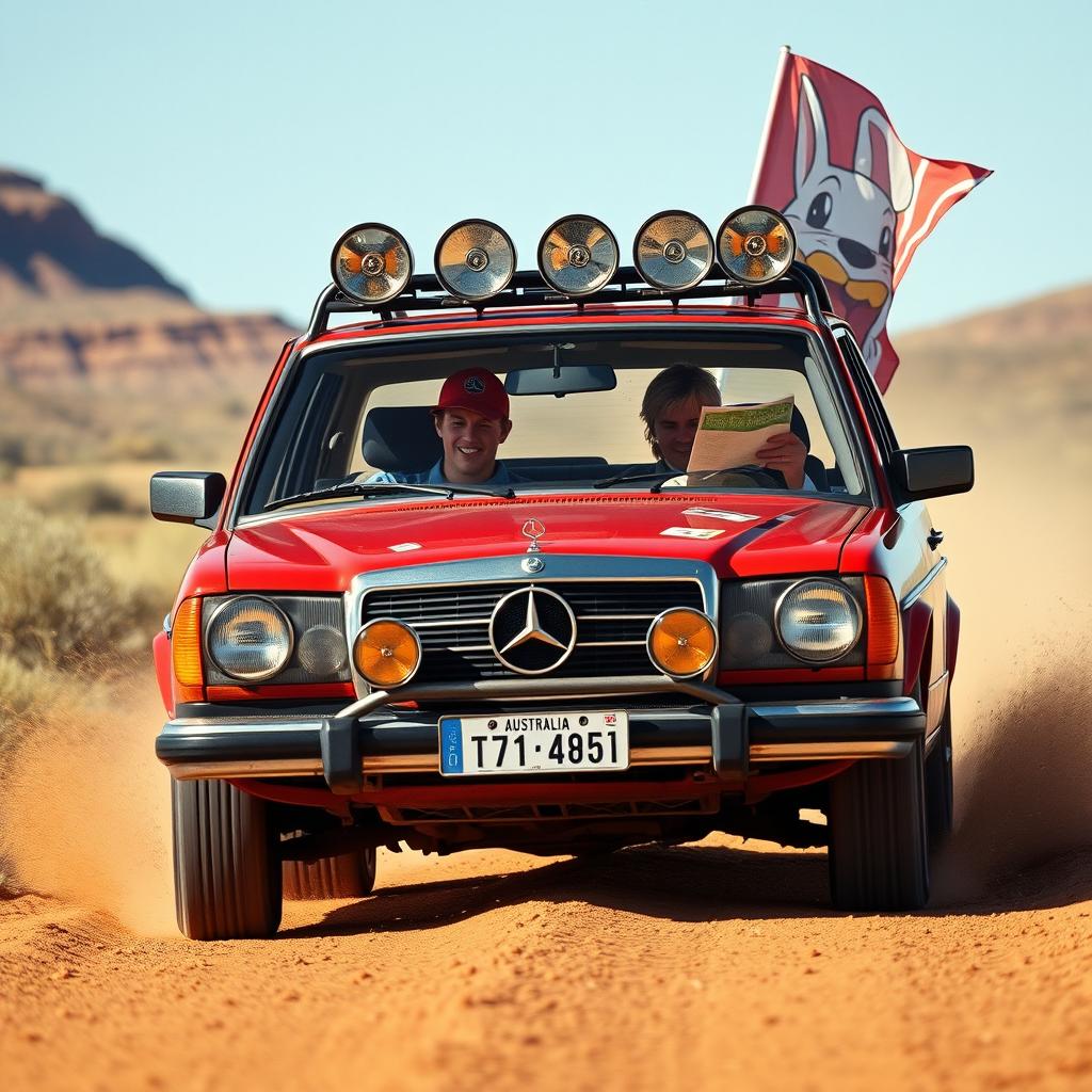 A hyper-realistic scene of a 1980s red Mercedes wagon racing through the wild Australian outback