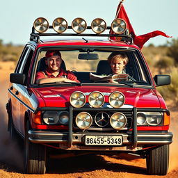 A hyper-realistic scene of a 1980s red Mercedes wagon racing through the wild Australian outback