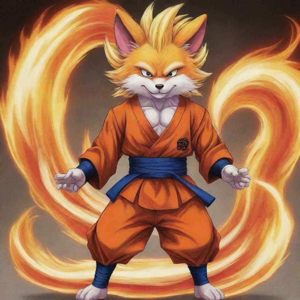 Goku from Dragon Ball Z depicted as a Kitsune, a mythical fox creature from Japanese folklore, with multiple flaming tails and traditional Japanese attire.