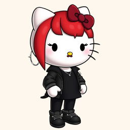 A Hello Kitty character with a unique twist: fiery red hair styled with a Rolling Stone-like bangs, black eyeliner enhancing her eyes, and deep burgundy lips