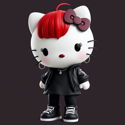 A Hello Kitty character with a unique twist: fiery red hair styled with a Rolling Stone-like bangs, black eyeliner enhancing her eyes, and deep burgundy lips