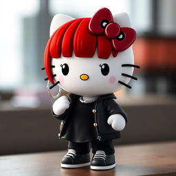 A Hello Kitty character with a unique twist: fiery red hair styled with a Rolling Stone-like bangs, black eyeliner enhancing her eyes, and deep burgundy lips