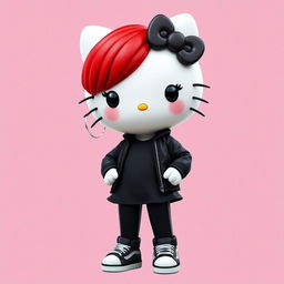 A Hello Kitty character with a unique twist: fiery red hair styled with a Rolling Stone-like bangs, black eyeliner enhancing her eyes, and deep burgundy lips