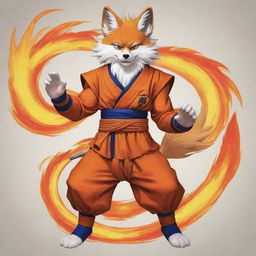 Goku from Dragon Ball Z depicted as a Kitsune, a mythical fox creature from Japanese folklore, with multiple flaming tails and traditional Japanese attire.