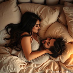 A couple lying close together on a bed in a lovingly intimate pose, surrounded by soft pillows and a gentle ambiance