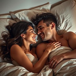 A couple lying close together on a bed in a lovingly intimate pose, surrounded by soft pillows and a gentle ambiance