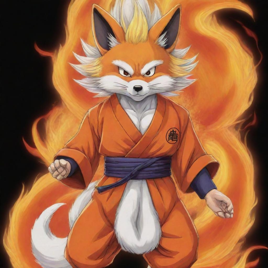 Goku from Dragon Ball Z depicted as a Kitsune, a mythical fox creature from Japanese folklore, with multiple flaming tails and traditional Japanese attire.