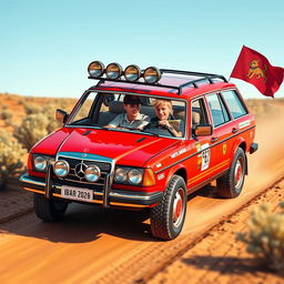 A hyper-realistic, isometric view of a 1980s red Mercedes wagon racing through the wild Australian outback