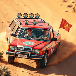 A hyper-realistic, isometric view of a 1980s red Mercedes wagon racing through the wild Australian outback