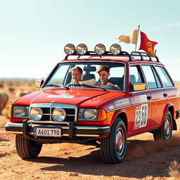 A hyper-realistic, isometric view of a 1980s red Mercedes wagon racing through the wild Australian outback