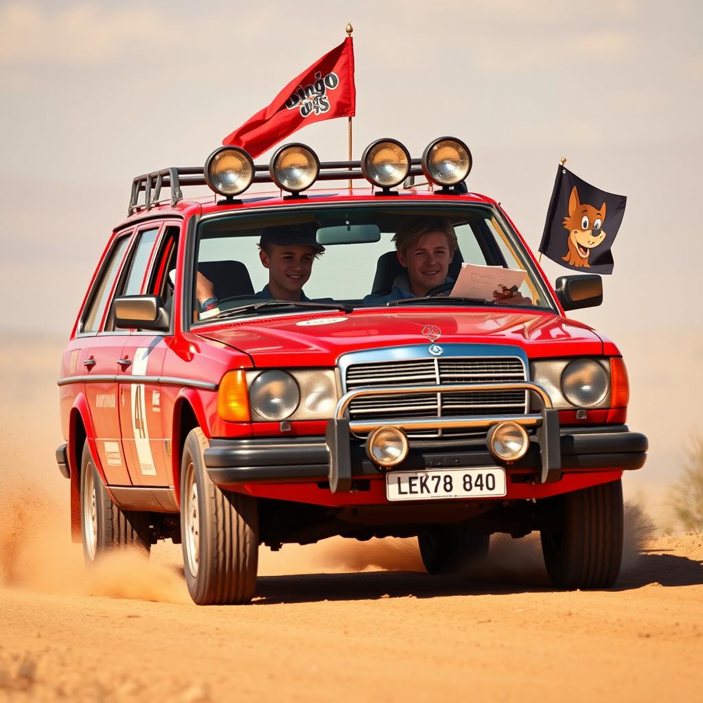 A hyper-realistic scene of a 1980s red Mercedes wagon racing through the desolate Australian outback