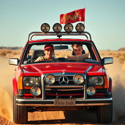 A hyper-realistic scene of a 1980s red Mercedes wagon racing through the desolate Australian outback