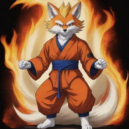 Goku from Dragon Ball Z depicted as a Kitsune, a mythical fox creature from Japanese folklore, with multiple flaming tails and traditional Japanese attire.