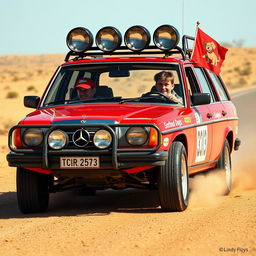 A hyper-realistic scene of a 1980s red Mercedes wagon racing through the desolate Australian outback