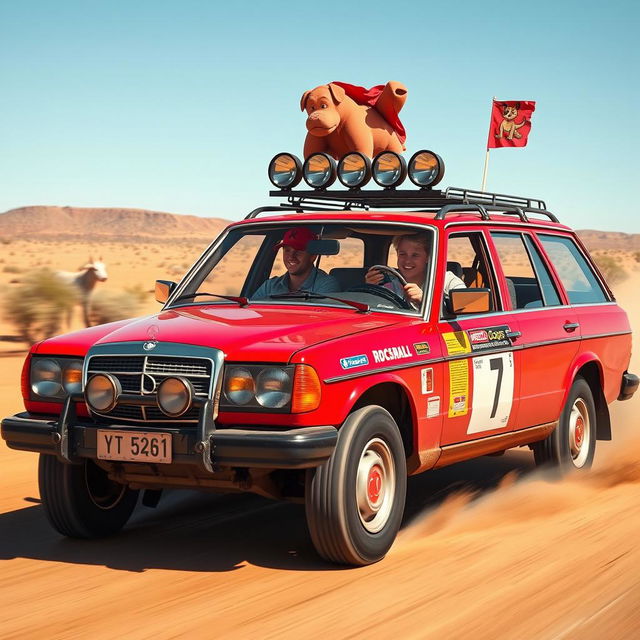 A hyper-realistic scene of a 1980s red Mercedes wagon racing through the desolate Australian outback