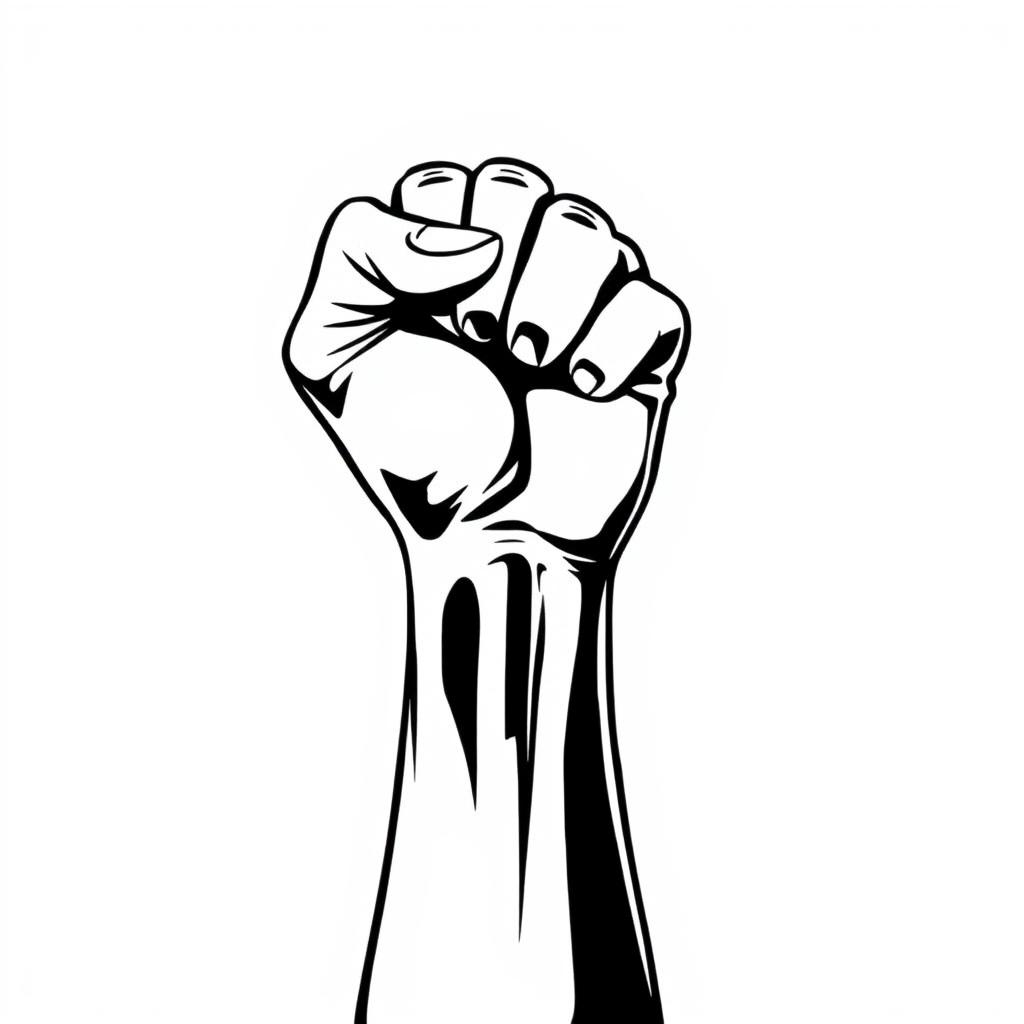 A black and white illustration of a raised fist symbolizing struggle and resistance