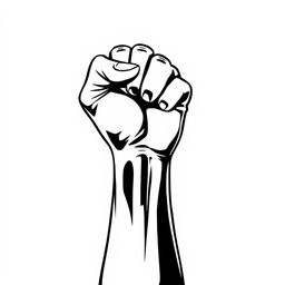 A black and white illustration of a raised fist symbolizing struggle and resistance