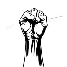 A black and white illustration of a raised fist symbolizing struggle and resistance