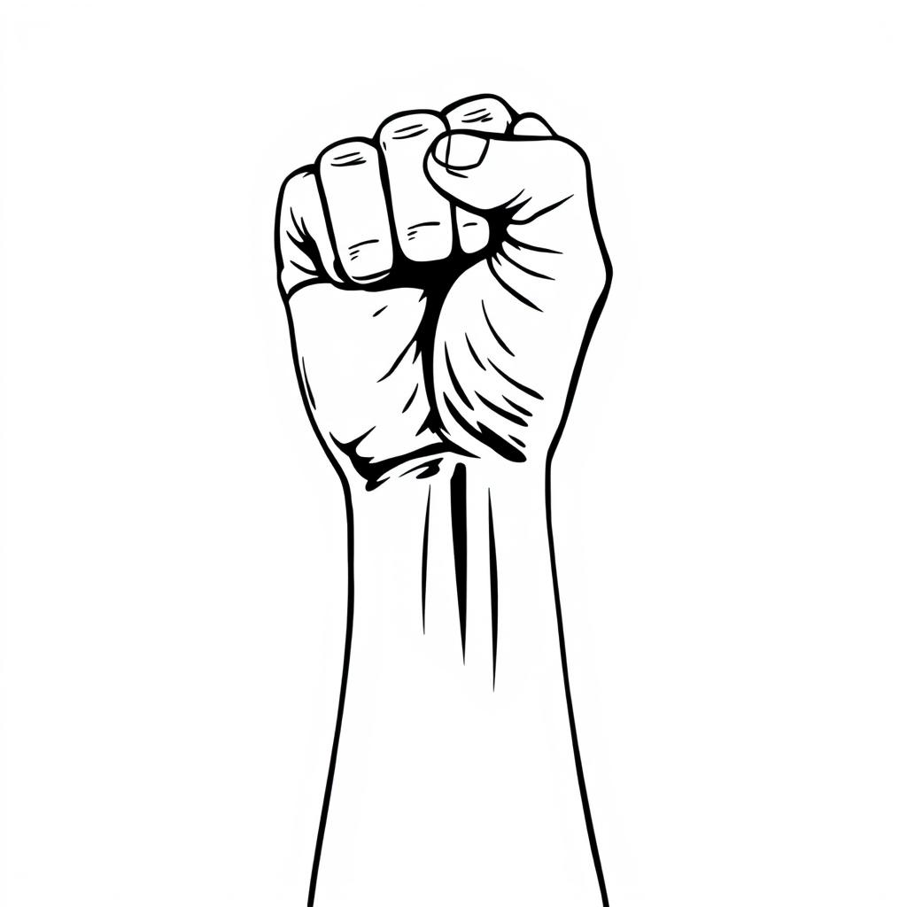 A black and white illustration of a raised fist symbolizing struggle and resistance