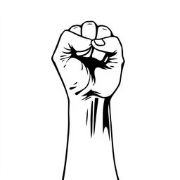 A black and white illustration of a raised fist symbolizing struggle and resistance