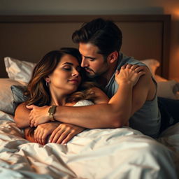 A man and a woman embracing on a bed, with the man gently positioned over the woman in a lovingly intimate pose