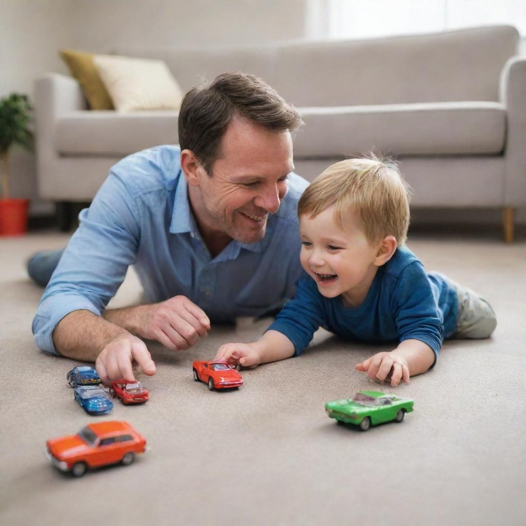 A heartwarming scene of a father and son on the floor, playing with vibrant diecast cars, displaying joy and laughter.