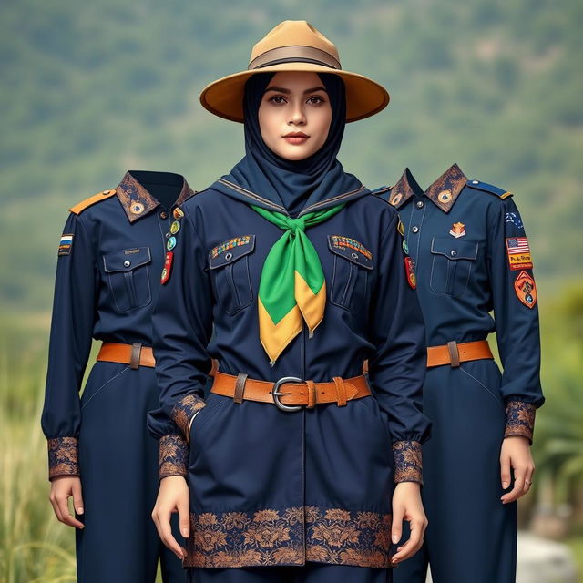 A detailed design of an Islamic scout uniform for adult women, in navy blue with brown cream combinations