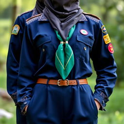 A detailed design of an Islamic scout uniform for adult women, in navy blue with brown cream combinations