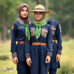 A detailed design of an Islamic scout uniform for adult women, in navy blue with brown cream combinations