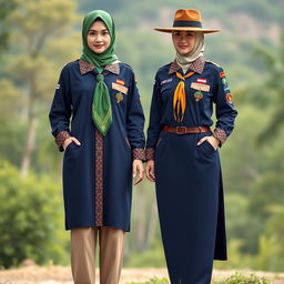 A detailed design of an Islamic scout uniform for adult women, in navy blue with brown cream combinations