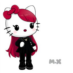 A Hello Kitty character with long red hair down below her shoulders, styled with rolinga bangs