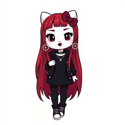 A Hello Kitty character with long red hair down below her shoulders, styled with rolinga bangs