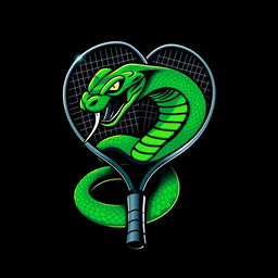 A dynamic and modern logo featuring a green viper snake coiled around a sleek tennis racket