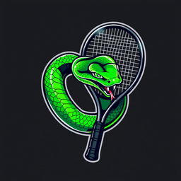 A dynamic and modern logo featuring a green viper snake coiled around a sleek tennis racket