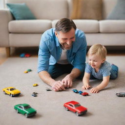 A heartwarming scene of a father and son on the floor, playing with vibrant diecast cars, displaying joy and laughter.