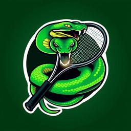 A dynamic and modern logo featuring a green viper snake coiled around a sleek tennis racket