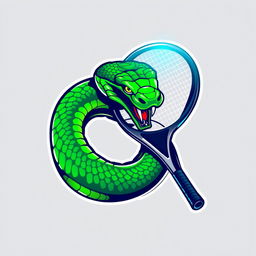 A dynamic and modern logo featuring a green viper snake coiled around a sleek tennis racket