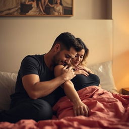 A man and a woman sharing an intimate moment on a bed, with the man gently caressing the woman's arm, creating a tender and affectionate atmosphere