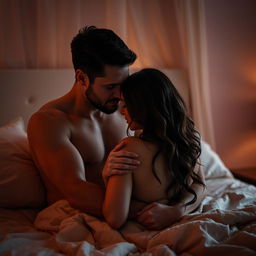 A man and a woman sharing an intimate moment on a bed, with the man gently caressing the woman's arm, creating a tender and affectionate atmosphere