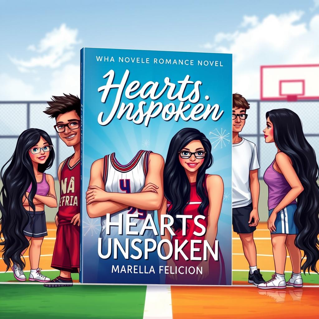 A vibrant romance novel cover titled "Hearts Unspoken" featuring the main characters on a basketball court background