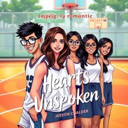 A vibrant romance novel cover titled "Hearts Unspoken" featuring the main characters on a basketball court background