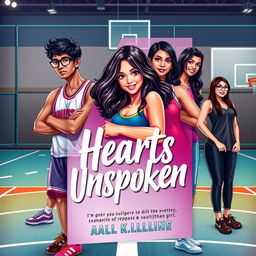 A vibrant romance novel cover titled "Hearts Unspoken" featuring the main characters on a basketball court background